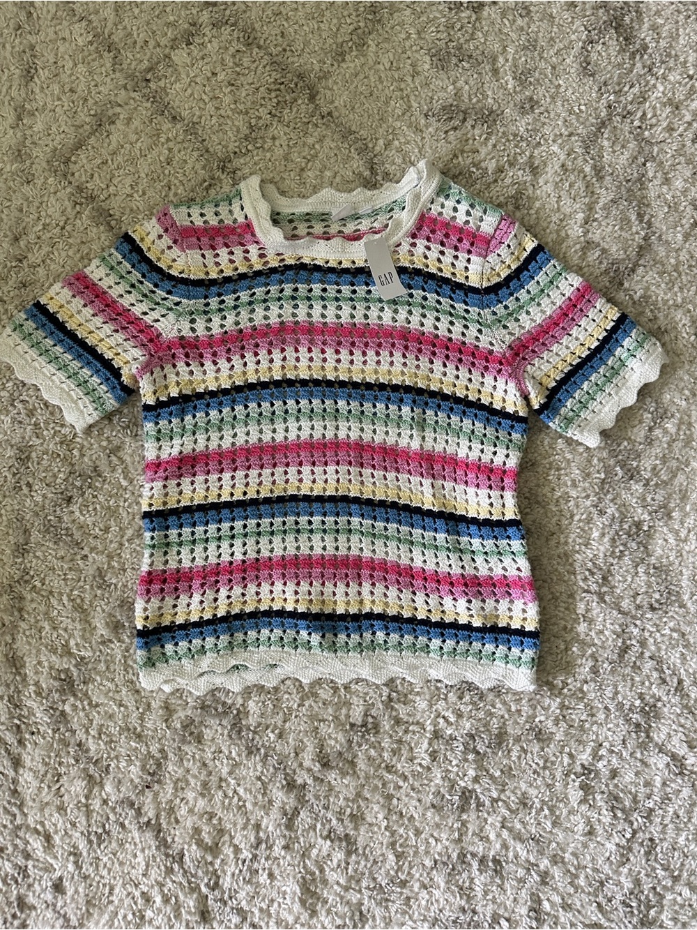 GAP White Crochet Scoop-Neck Top with Multicolor Stripes